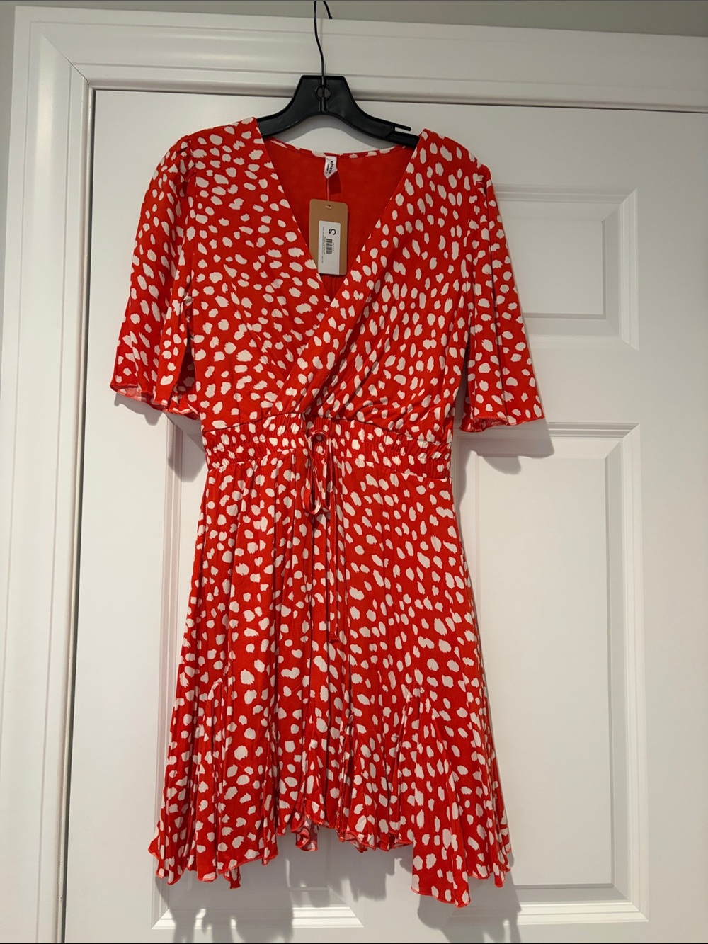 Red and White Printed Wrap Dress with Tie Waist